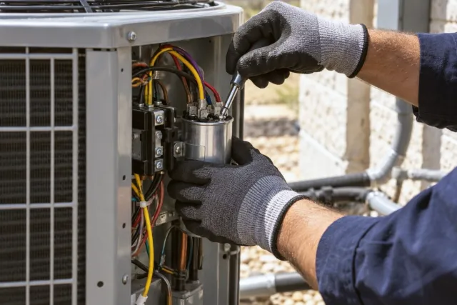 Gloved hands fit a new capacitor into an outdoor unit’s electrical panel.