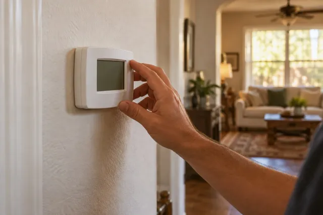 A hand adjusting a plain wall thermostat in a hallway.