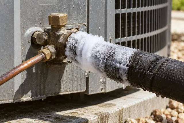 Frost and ice on the larger copper line at an outdoor unit.