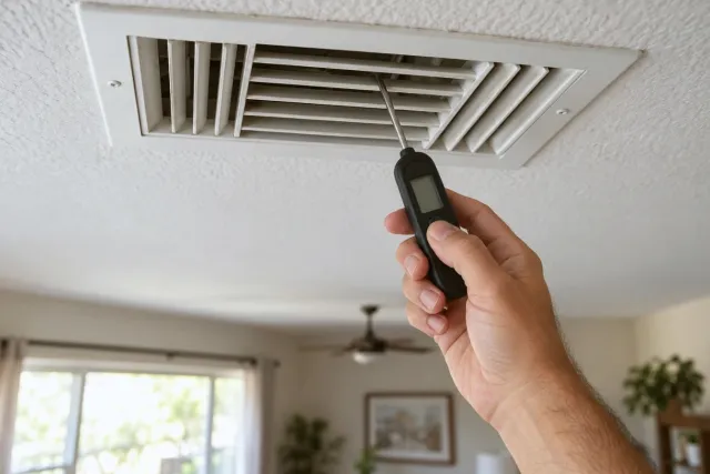 A hand held up to a ceiling vent with a thermometer probe in the airflow.