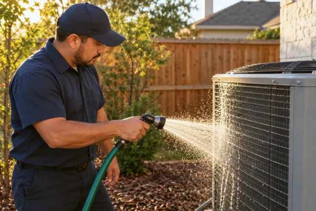 A technician rinses the fins of an outdoor coil with a garden hose in late light.