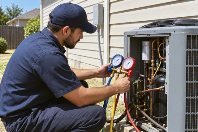 A technician crouches at an outdoor unit with its side panel off, reading manifold gauges.