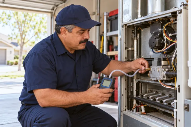 A technician connects a pressure gauge to the gas valve of a furnace in a garage.