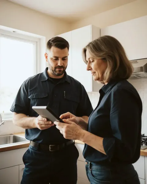 A technician shows a homeowner something on a tablet in her kitchen.