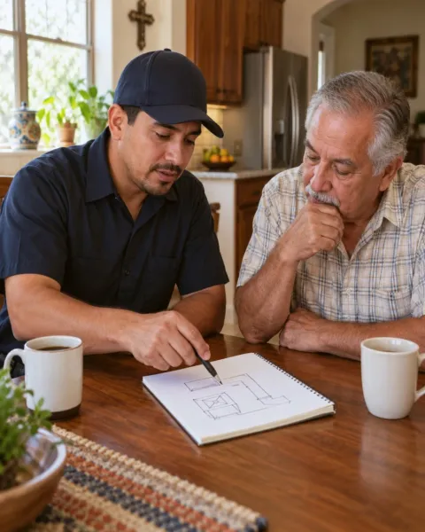 A technician sketches a finding in a notebook for a homeowner at a kitchen table.