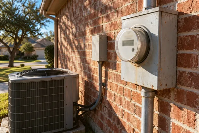 An electric meter on a brick wall beside an outdoor air conditioning unit.