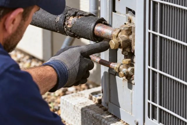 A gloved hand points to cracked insulation and the service valves on an older outdoor unit.