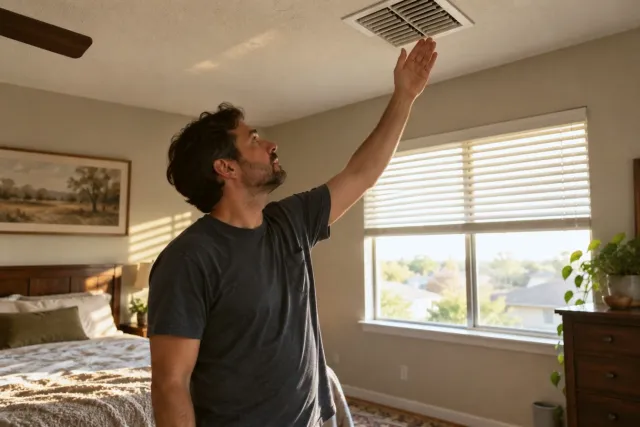 A homeowner reaches up toward a ceiling vent in a sunny bedroom.