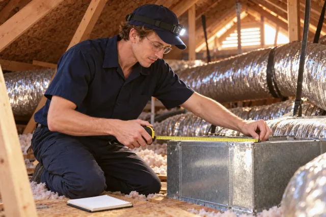 A technician measures a supply plenum in an attic with a tape measure.
