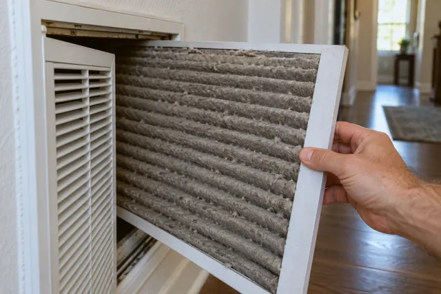 A hand pulls a dusty filter out of a return grille.