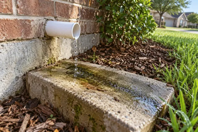 A white condensate drain pipe dripping onto a concrete block beside a brick house.