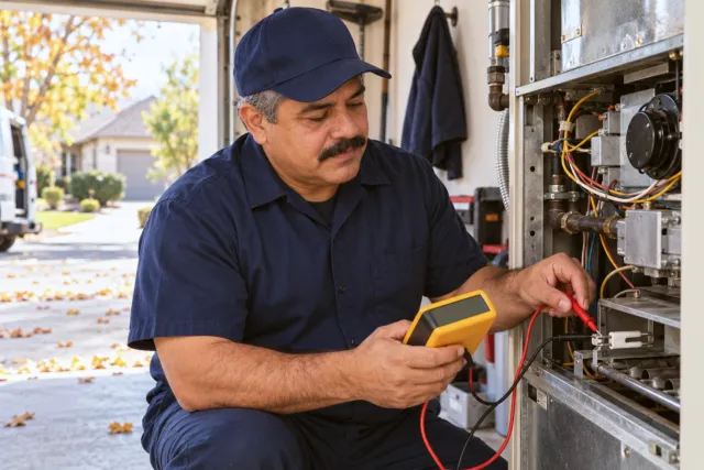 A technician tests a furnace igniter with a multimeter in a garage.
