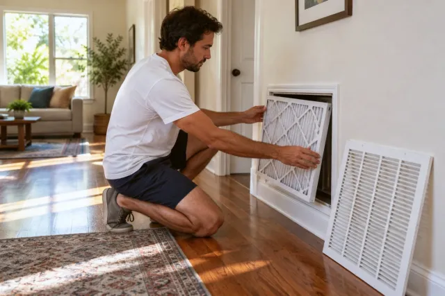 A homeowner slides a new filter into a living room return.