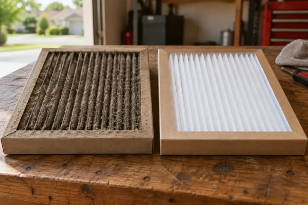 A used grey filter beside a clean new one on a workbench.