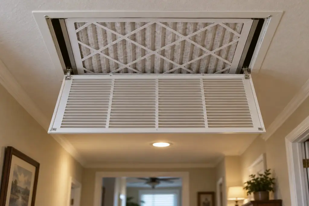 An open ceiling return grille with the pleated filter in place.