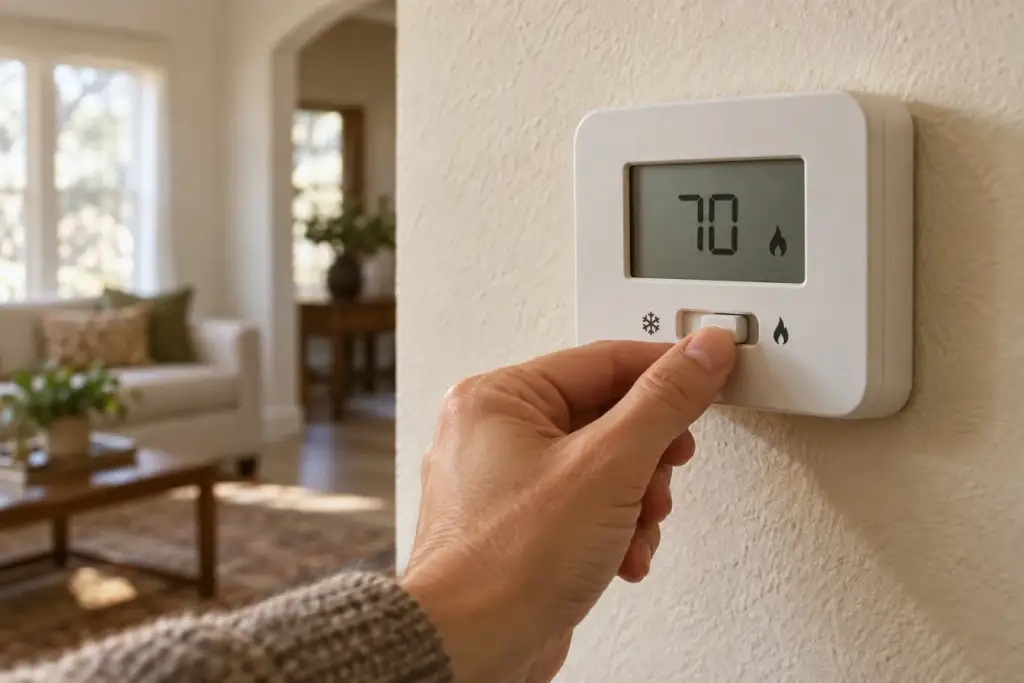 A hand switches a wall thermostat to heat.