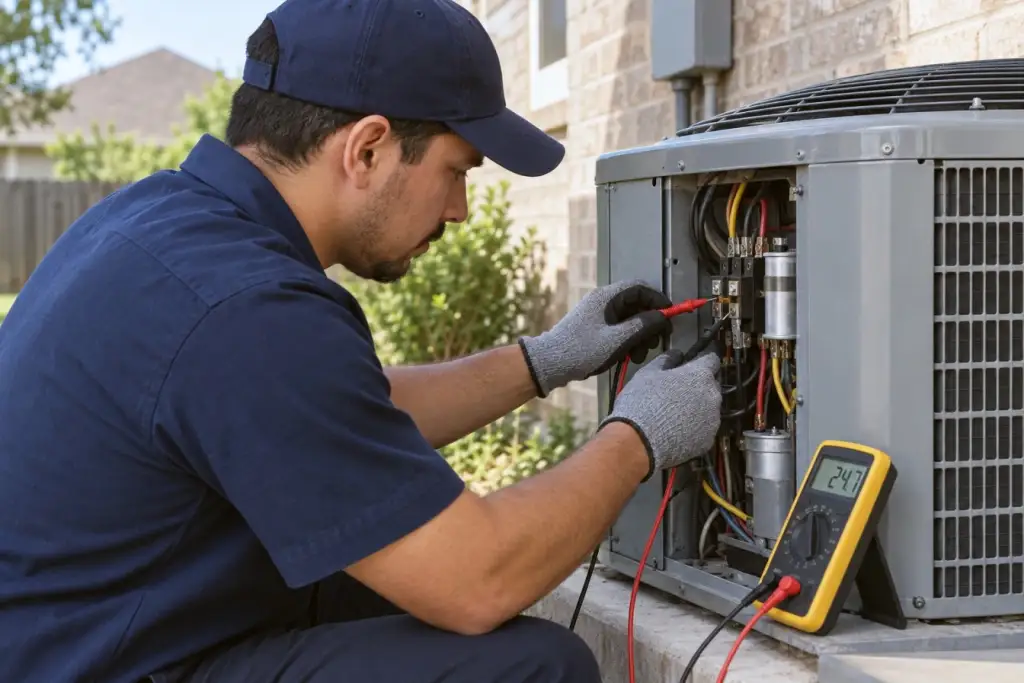 A technician checks the electrical connections in an outdoor unit with a multimeter.