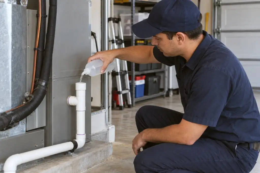 A technician pours water into the condensate drain line to check that it flows.