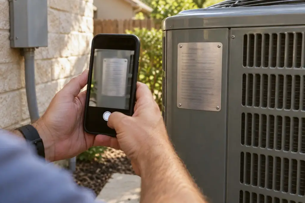 A phone photographs the data plate on an outdoor unit.