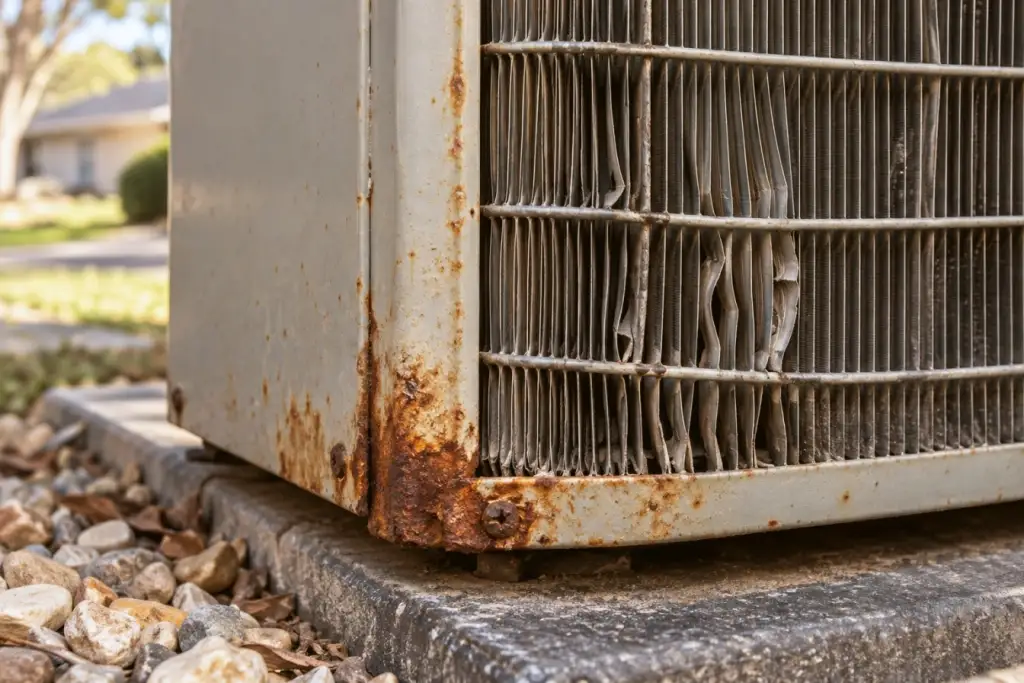 Rust and bent fins at the base of an aging outdoor unit.