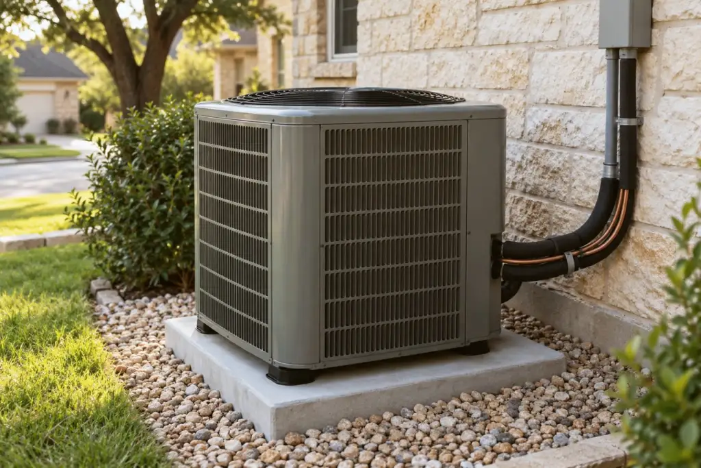 A new outdoor unit set level on a fresh concrete pad.