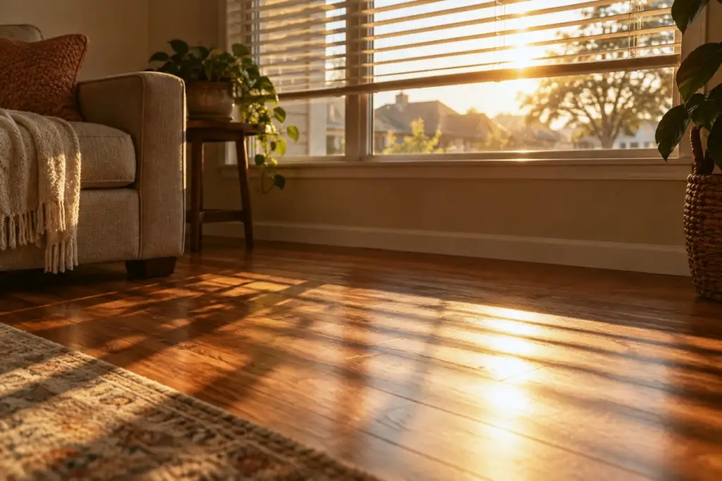 Late afternoon sun through a west-facing window onto a wood floor.