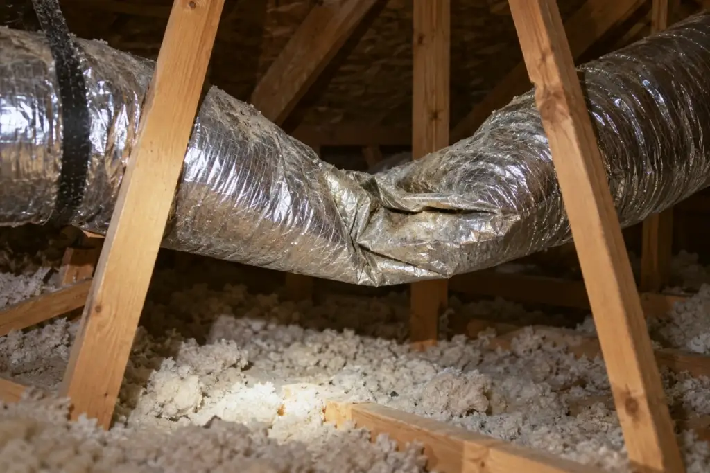 A sagging, pinched flexible duct in an attic.
