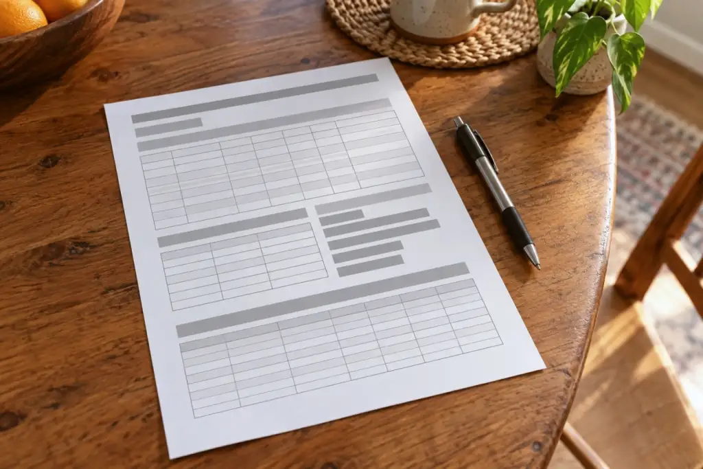 A printed specification sheet and a pen on a table.