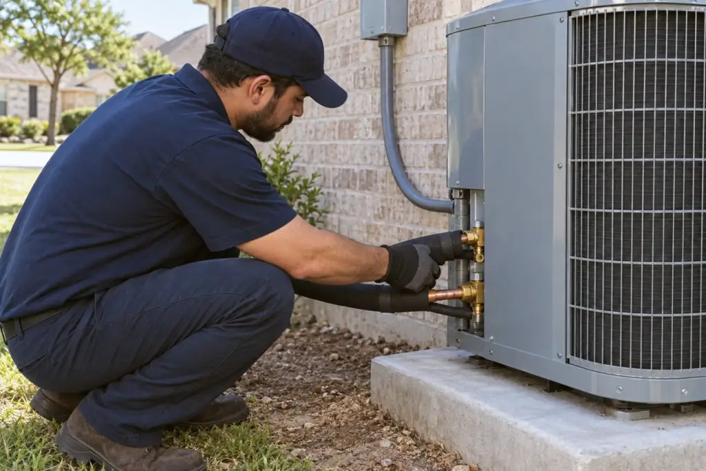A technician checks the line connections on a newly installed outdoor unit.