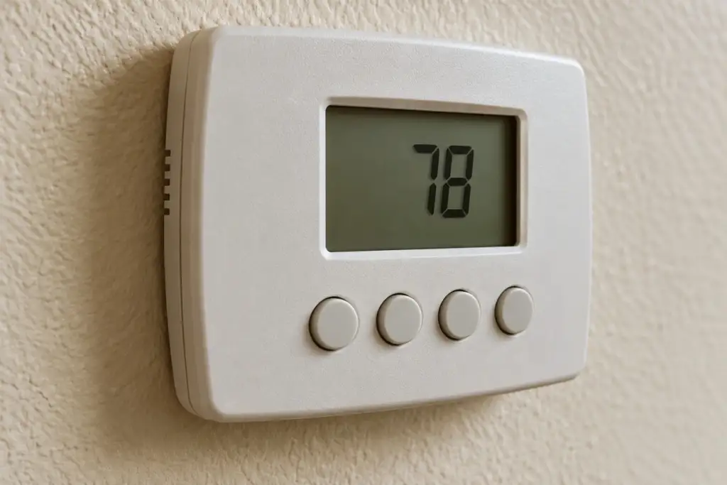 Close-up of a plain programmable thermostat.