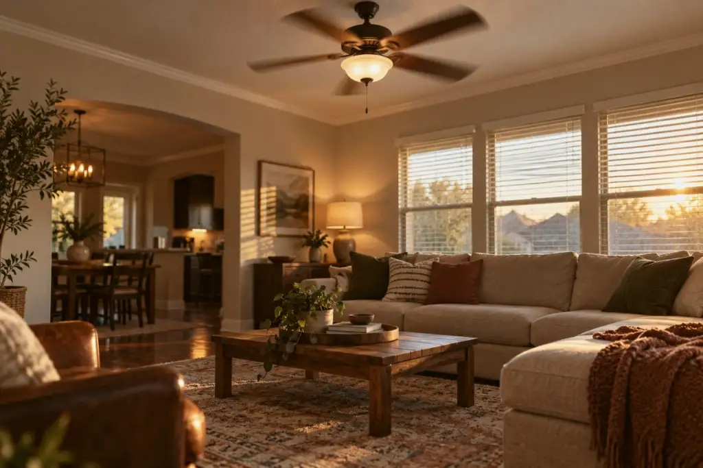 A ceiling fan turning above a living room at sunset.