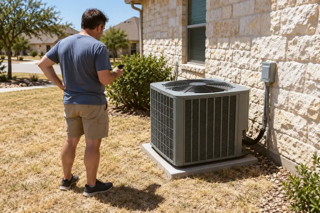 A homeowner holding a phone looks at an outdoor unit beside a limestone house.