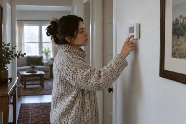 A homeowner in a sweater adjusts the hallway thermostat on a cold morning.