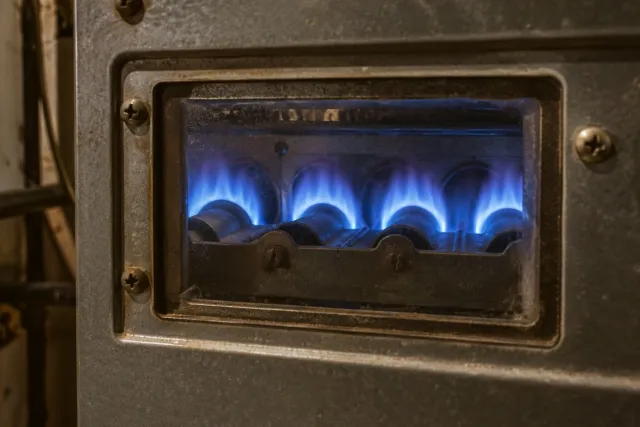 Blue burner flames seen through a furnace viewing window.