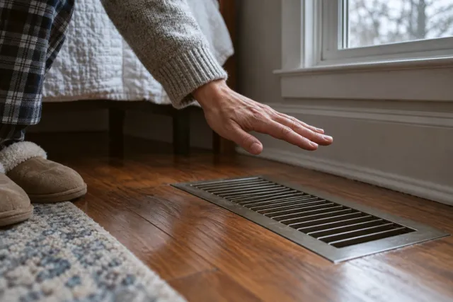A hand held over a floor register in a bedroom on a cold morning.