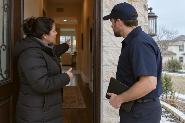 A homeowner in a winter coat points down the hallway while a technician listens at the front door.