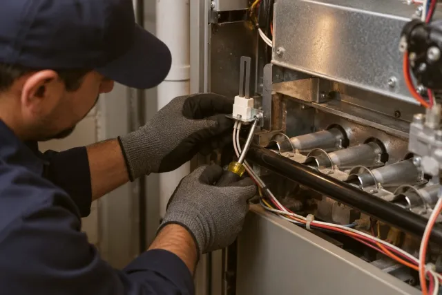 Gloved hands fit a new hot surface igniter beside the furnace burners.