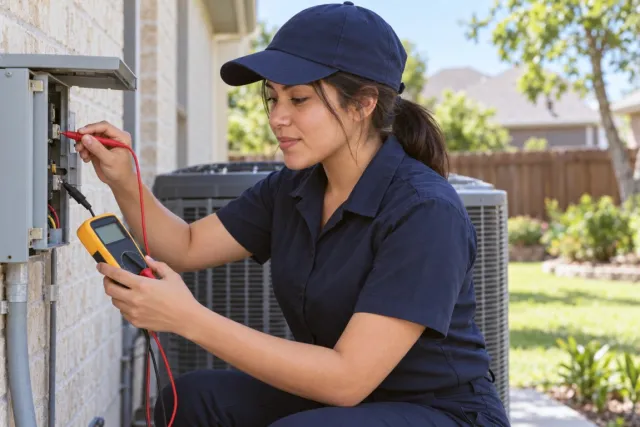 A technician tests the electrical disconnect beside an outdoor unit.