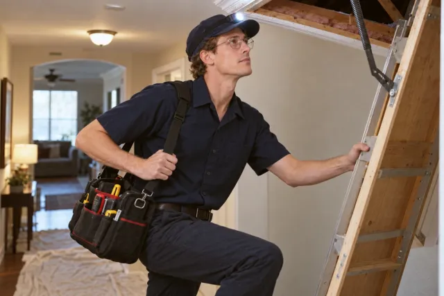 A technician wearing a headlamp climbs an attic ladder with a tool bag.