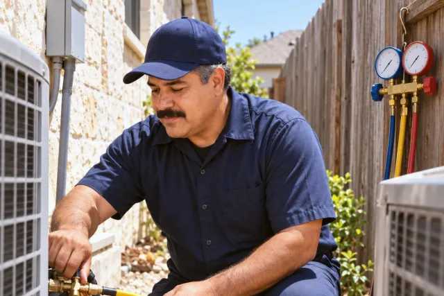 A technician kneels between two outdoor units in a sunny side yard.