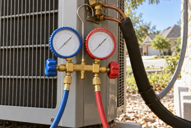 Manifold gauges with red and blue hoses hang from an outdoor unit’s service valves.
