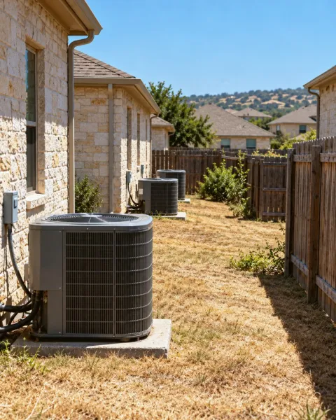 Outdoor units stand in the side yards of neighbouring limestone homes in summer sun.