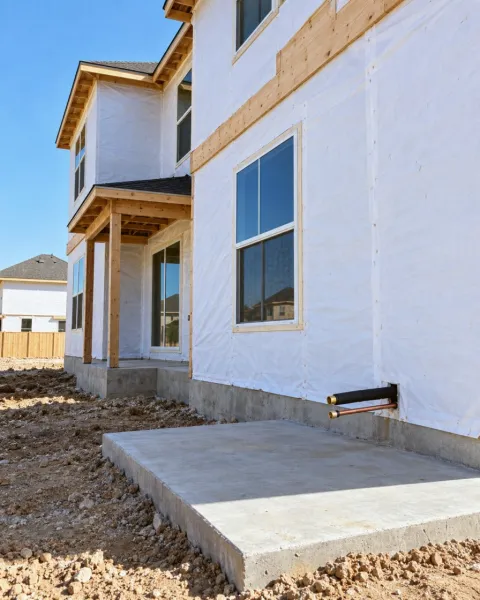 A house under construction has a concrete pad and copper lines waiting for an outdoor unit.