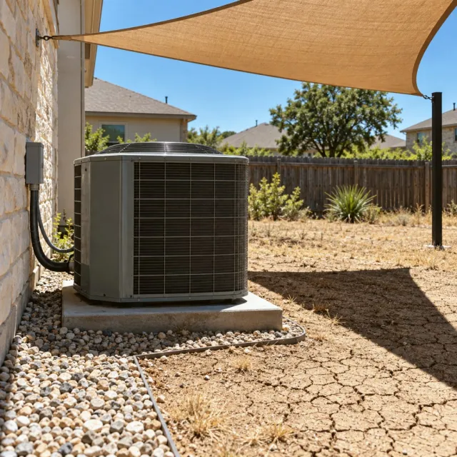 An outdoor unit stands in a dry summer yard beneath a shade sail.