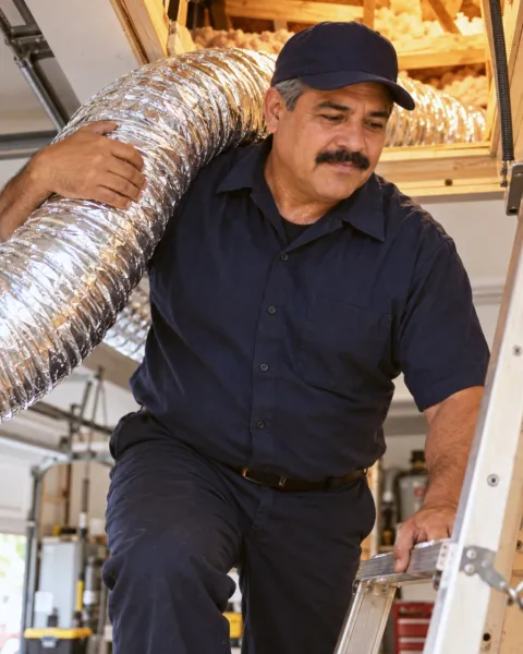 A technician carries flex duct up a folding attic ladder in a garage.
