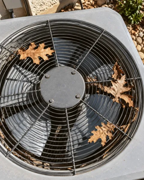Dry oak leaves rest on a condenser fan grille seen from above.