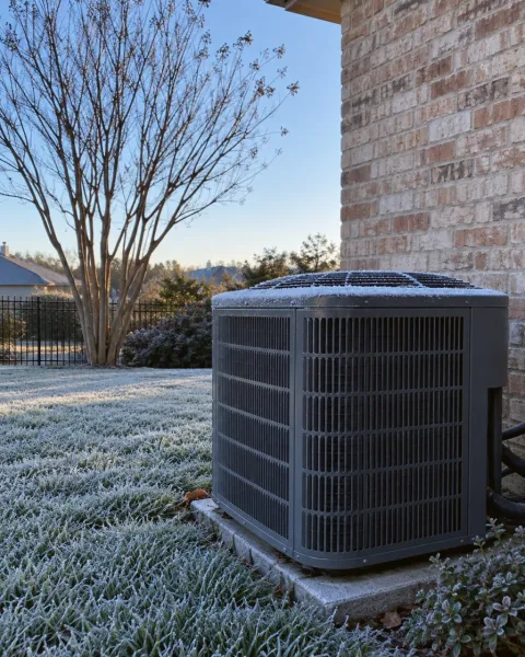 Frost covers a lawn and the top grille of an outdoor heat pump.