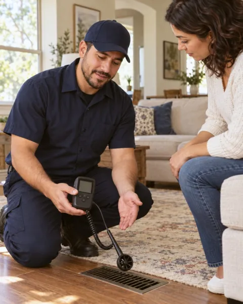 A technician explains an airflow reading at a floor register to a seated homeowner.