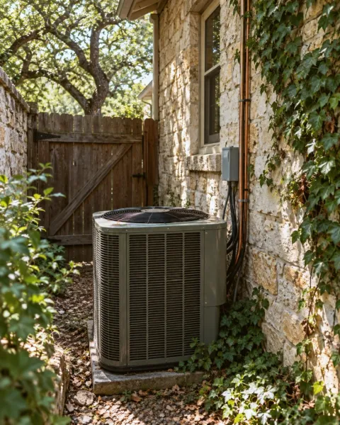 An outdoor unit in the narrow side yard of an older limestone home.