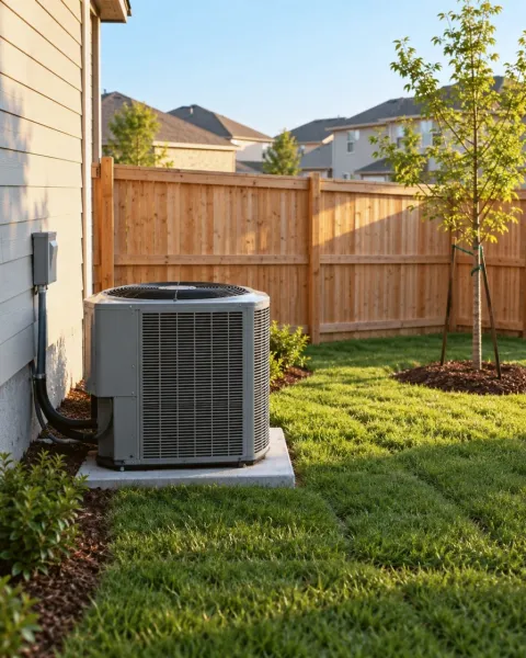 A newer outdoor unit beside a fence in a young backyard.